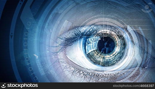 Eye scanning. Close up of human eye on digital technology background