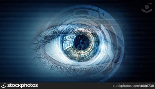 Eye scanning. Close up of human eye on digital technology background