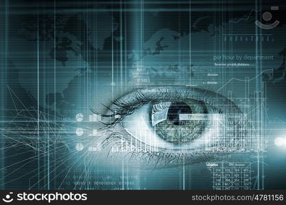 Eye scanning. Close up of human eye on digital technology background