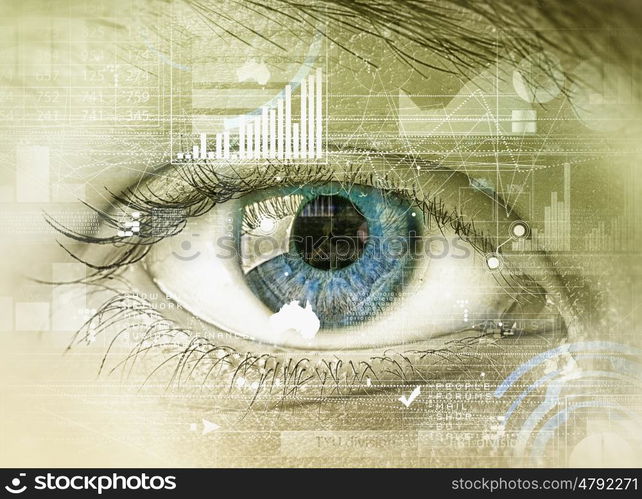 Eye scanning. Close up of human eye on digital technology background