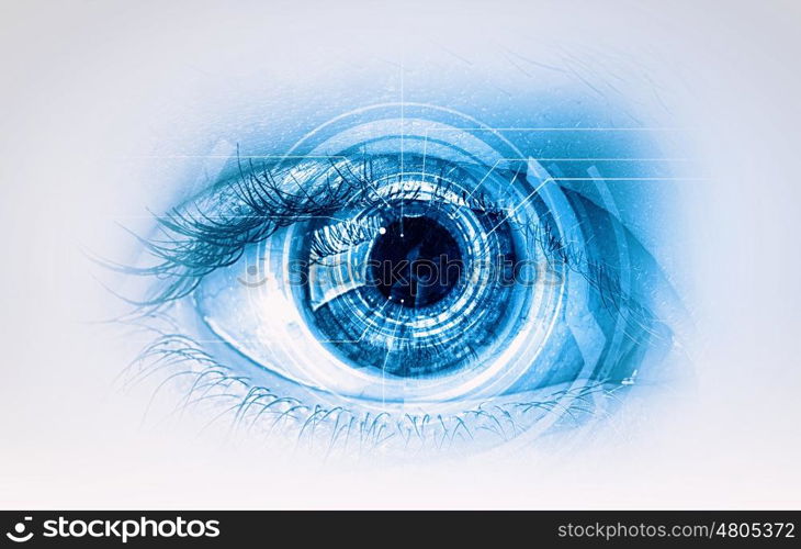 Eye scanning. Close up of human eye on digital technology background