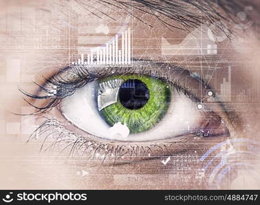 Eye scanning. Close up of human eye on digital technology background