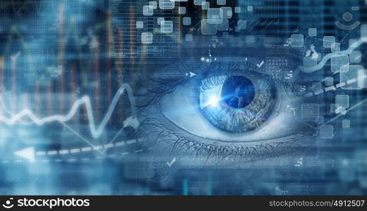 Eye scanning. Close up of human eye on digital technology background