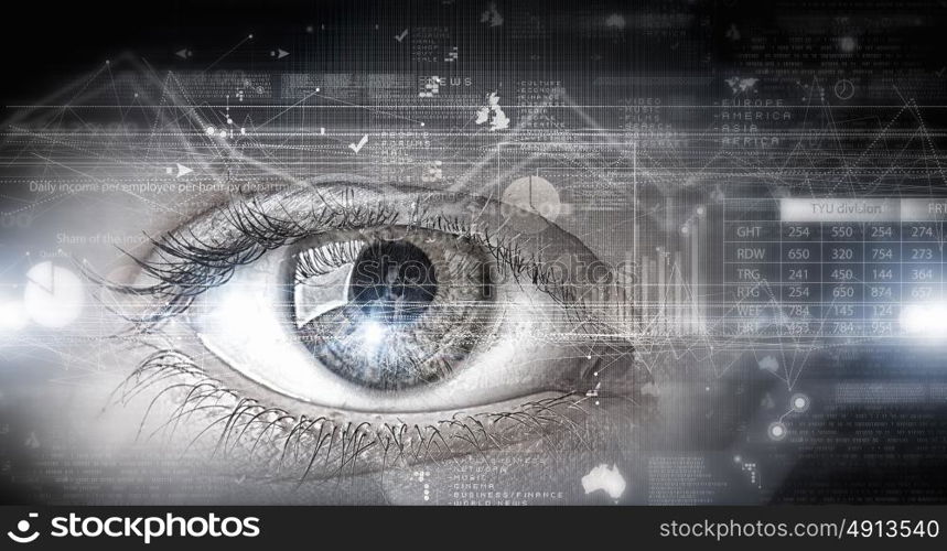 Eye scanning. Close up of human eye on digital technology background