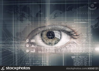 Eye scanning. Close up of human eye on digital technology background