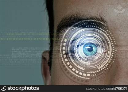 Eye scanning. Close up of man eye with digital icons