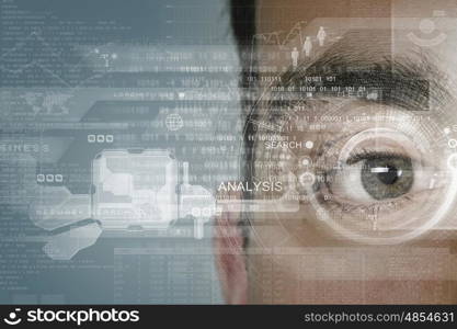 Eye scanning. Close up of man eye with digital icons