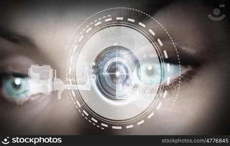 Eye scanning. Close up of woman eye with digital icons
