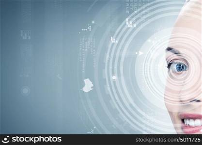 Eye scanning. Close up of woman eye with digital icons