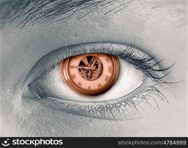 Eye scanning. Close up of woman eye with time concept