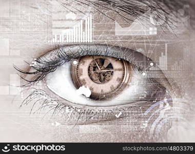 Eye scanning. Close up of woman eye with time concept