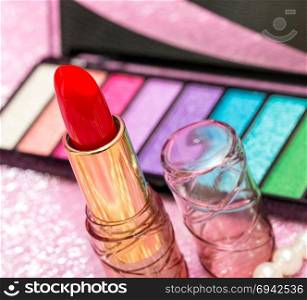 Eye Shadow Representing Red Lipstick And Facial