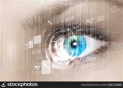 Eye viewing digital information represented by circles and signs