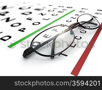 Eyeglasses and eye chart. Three-dimensional image with dof.