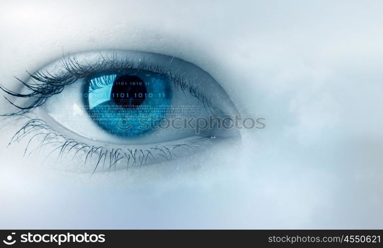 Eyes health. Female blue eye on cloudy sky background