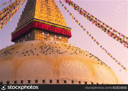 Eyes of Buddha on Boudhanath stupa in Kathmandu. Captured in Nepal