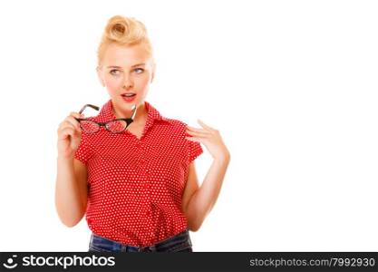 Eyewear. Fashion woman beautiful girl retro hairstyle holding new glasses looking surprised studio shot isolated on white