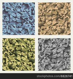 Fabric camouflage seamless patterns set. Fabric camouflage patterns. Brown and green cloth seamless pattern vector backgrounds for soldiers and hunting