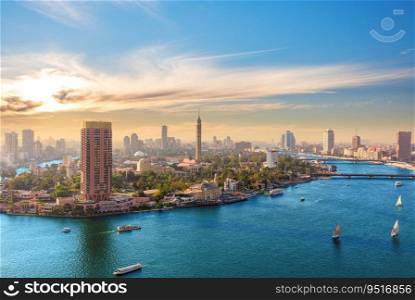 Fabulous aerial view of the Nile, Gezira island and sky in Cairo, Egypt.