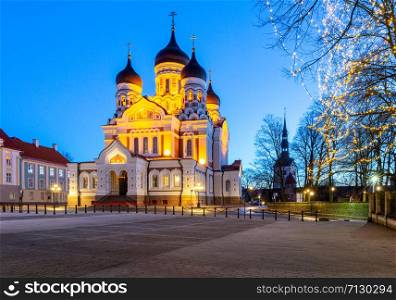 Facade and domes of the Alexander Nevsky Cathedral at sunset. Tallinn. Estonia.. Tallinn. Alexander Nevsky Cathedral at sunset.
