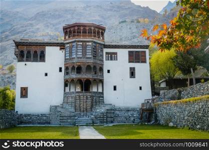 Facade and main entrance of ancient Khaplu fort palace in autumn, famous landmark in Ghanche. Gilgit Baltistan, Pakistan.