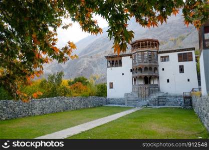 Facade and main entrance of ancient Khaplu palace in autumn, Ghanche. Gilgit-Baltistan, Pakistan.