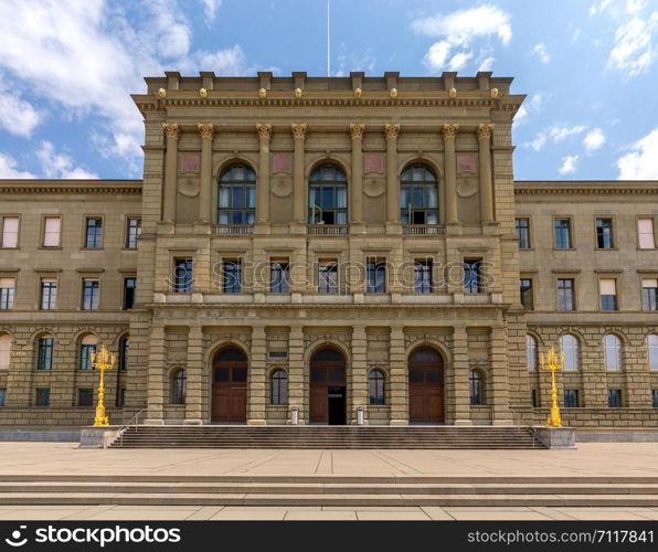 Facade and main entrance to the state university on a sunny day. Zurich. Switzerland.. Zurich. State University building.