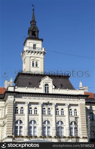 Facade and tower of old building in Novi Sad, Serbia