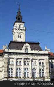 Facade and tower of old building in Novi Sad, Serbia