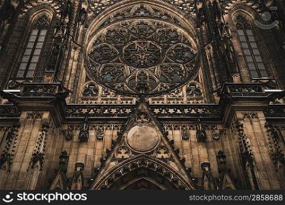Facade architecture details of St. Vitus cathedral in Prague, Czech