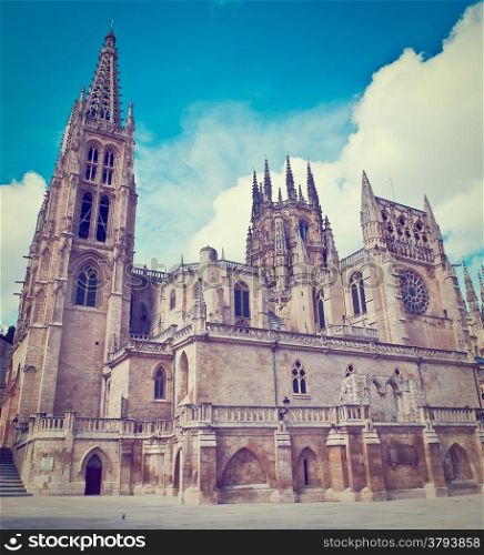 Facade of a Gothic Cathedral in Burgos, Retro Effect
