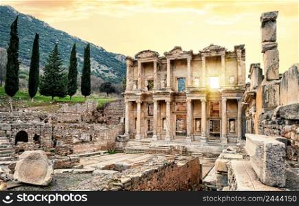 Facade of a Library of Celsus in Ephesus under the yellow sky. Turkey. Facade of a Library of Celsus in Ephesus under yellow sky