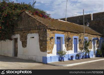 Facade of a traditional house with pot plants and flowering bougainville in the medina of Asilah, Morocco