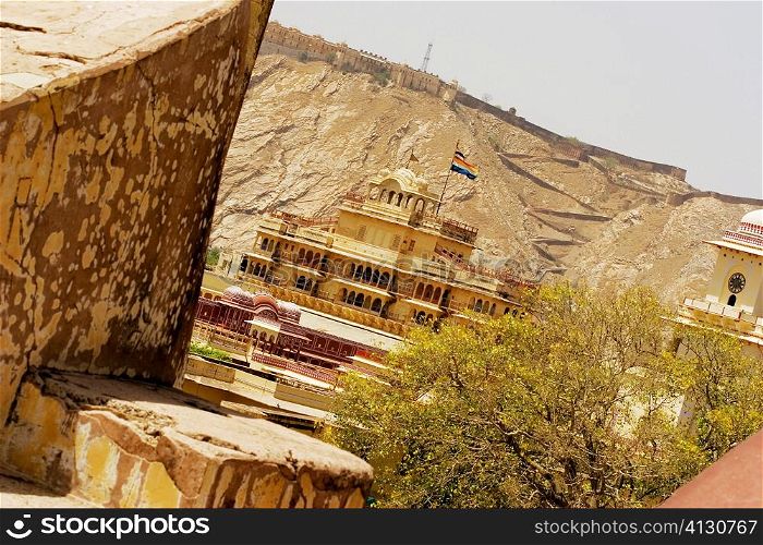 Facade of an ancient building viewed from the Jantar Mantar, Jaipur, Rajasthan, India