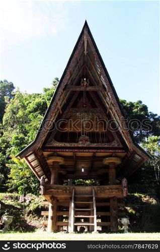Facade of batak house in Ambarita village, Indonesia
