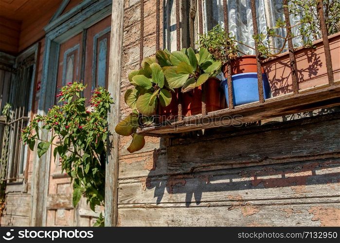 facade of beautiful old wooden houses in Istanbul. Turkey