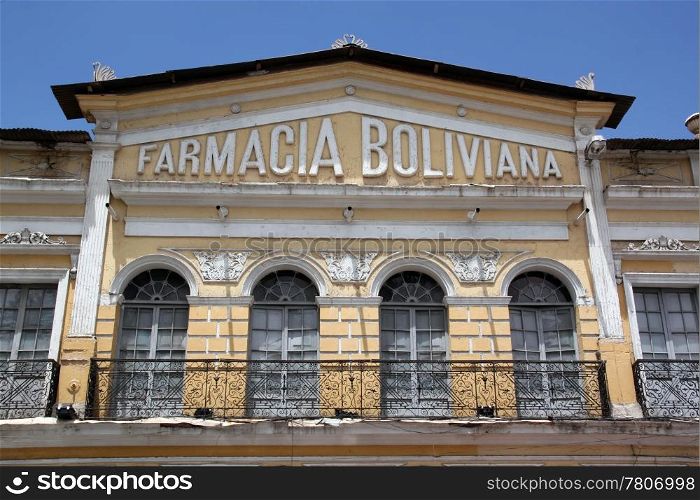 Facade of building Farmacia Boliviana in Cochabamba, Bolivia