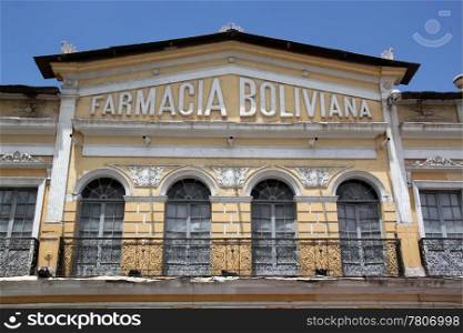 Facade of building Farmacia Boliviana in Cochabamba, Bolivia