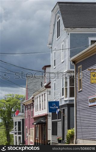Facade of buildings along street, Lunenburg, Nova Scotia, Canada