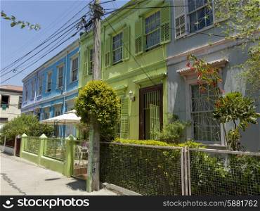 Facade of colorful houses, Valparaiso, Chile