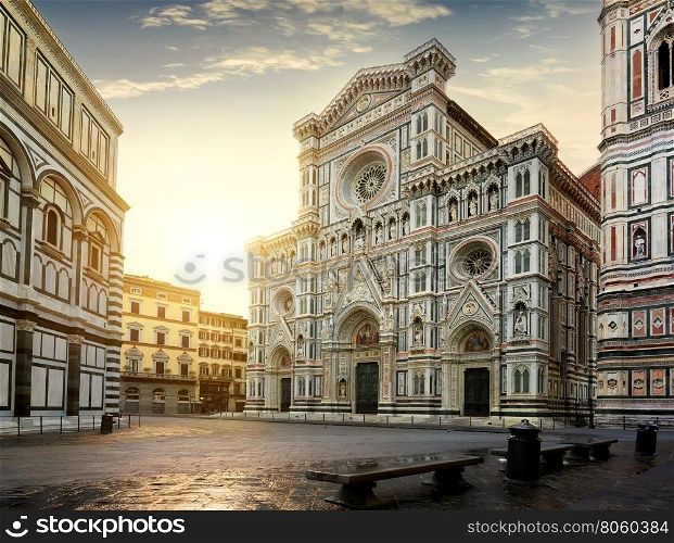 Facade of famous basilica in Florence at sunrise