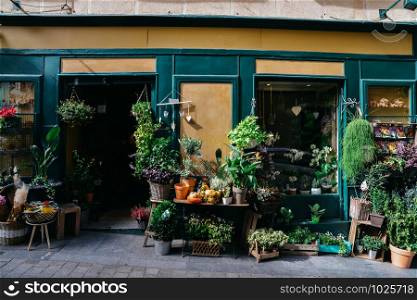 Facade of flower shop with various different types of plants on display.. Facade of flower shop with various different types of plants on display