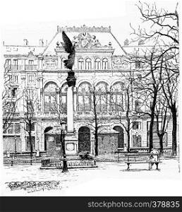 Facade of Gaiety Theatre, for the Square of Arts and Crafts, vintage engraved illustration. Paris - Auguste VITU ? 1890.