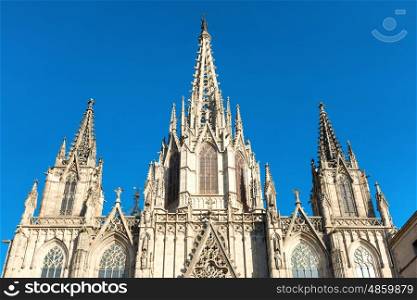 Facade of gothic Cathedral Of Barcelona in Spain