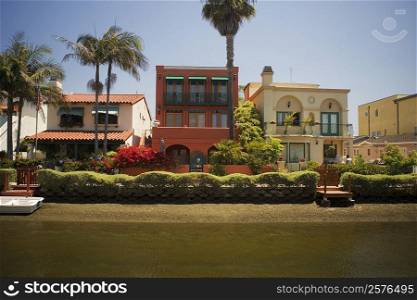 Facade of houses along a canal, Venice, Los Angeles, California, USA