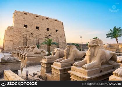 Facade of Karnak Temple at sunny sunrise in Luxor, Egypt. Facade of Karnak Temple
