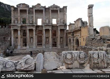 Facade of library and ruins in Ephesus, Turkey
