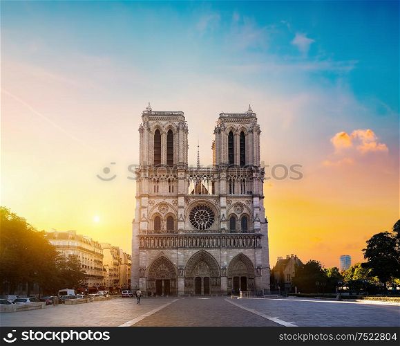 Facade of Notre Dame de Paris in the morning, France. Notre Dame in morning