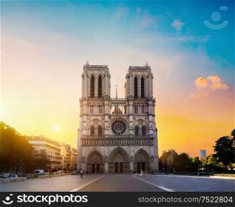 Facade of Notre Dame de Paris in the morning, France. Notre Dame in morning