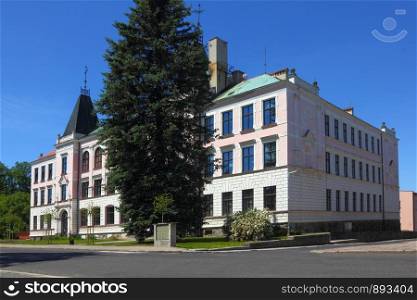 Facade of old building in Sluknov, Czech Republic